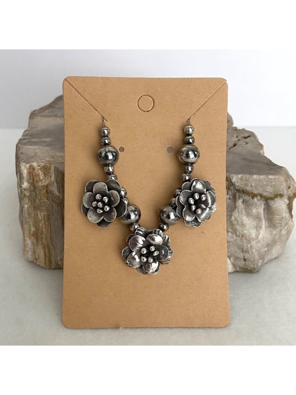 VTG Oxidized Sterling Silver 925 3D Flower Ball Beaded Cable Chain Necklace